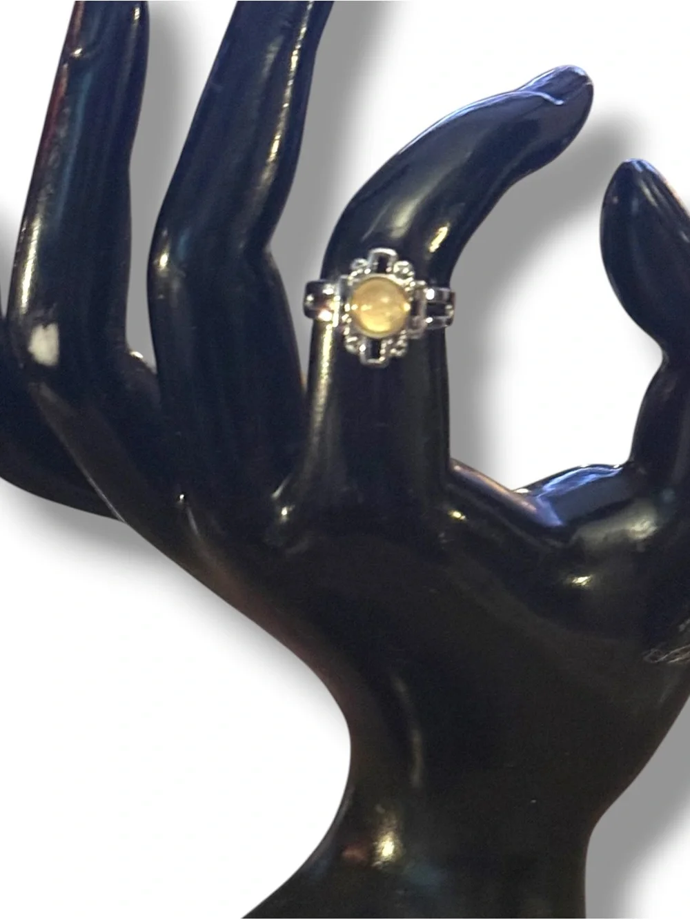 Vintage silver tone geometric glitter cabochon stone ring